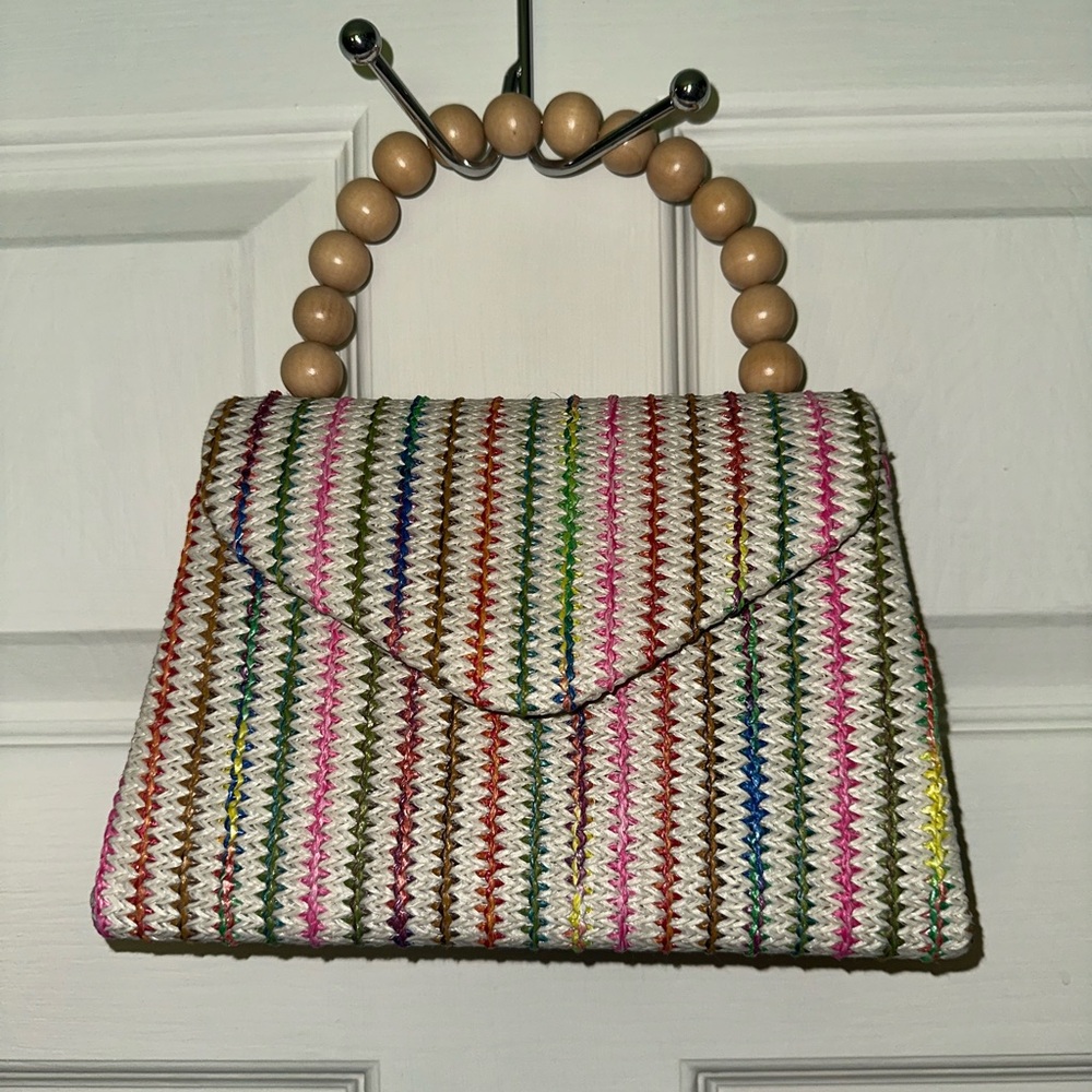 TJ Maxx rainbow ric rac bag with wooden beaded handle